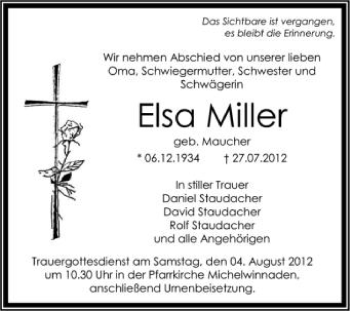 Anzeige von Elsa Miller von Schwäbische Zeitung