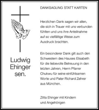 Anzeige von Ludwig Ehinger von Schwäbische Zeitung