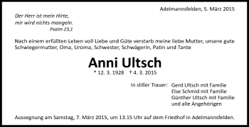 Anzeige von Anni Ultsch von Schwäbische Zeitung