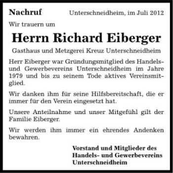 Anzeige von Richard Eiberger von Schwäbische Zeitung