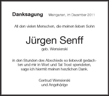 Anzeige von Jürgen Senff von Schwäbische Zeitung