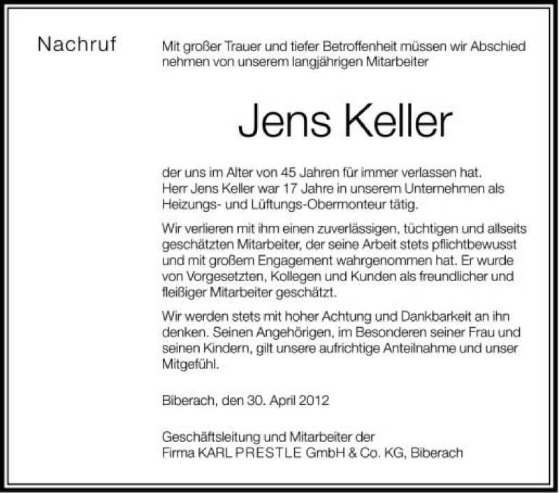  Traueranzeige für Jens Keller vom 30.04.2012 aus Schwäbische Zeitung