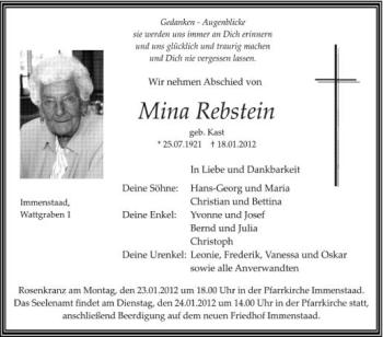 Anzeige von Mina Rebstein von Schwäbische Zeitung