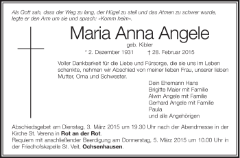 Anzeige von Maria Anna Angele von Schwäbische Zeitung