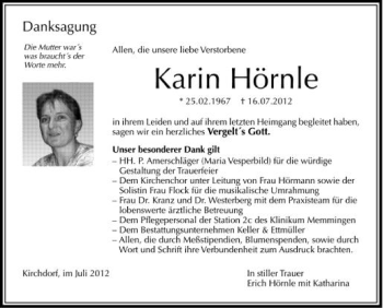 Anzeige von Karin Hörnle von Schwäbische Zeitung