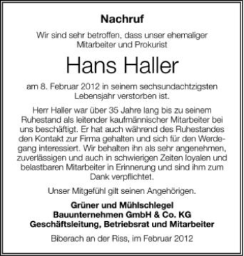 Anzeige von Hans Haller von Schwäbische Zeitung