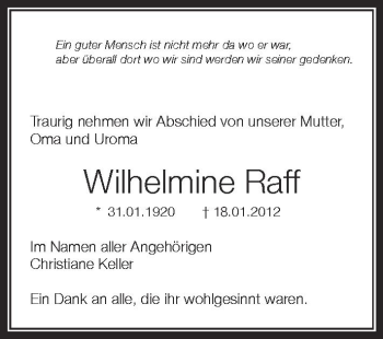 Anzeige von Wilhelmine Raff von Schwäbische Zeitung