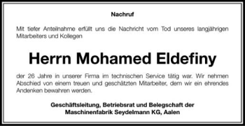 Anzeige von Mohamed Eldefiney von Schwäbische Zeitung