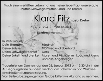 Anzeige von Klara  Fitz von Schwäbische Zeitung