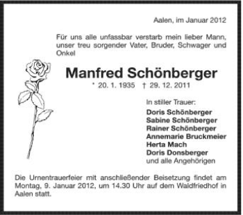 Anzeige von Manfred Schönberger von Schwäbische Zeitung