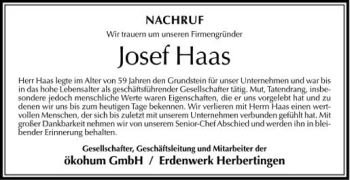 Anzeige von Josef Haas von Schwäbische Zeitung