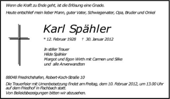 Anzeige von Karl Spähler von Schwäbische Zeitung