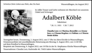 Anzeige von Adalbert Köble von Schwäbische Zeitung