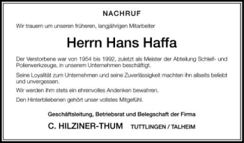 Anzeige von Hans Haffa von Schwäbische Zeitung