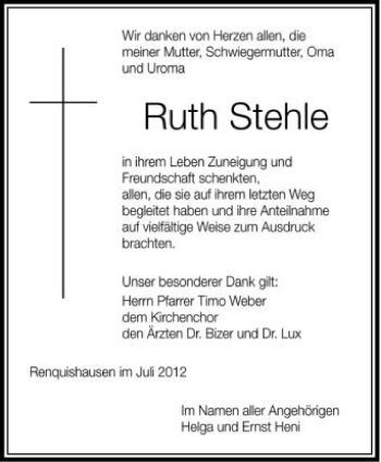 Anzeige von Ruth Stehle von Schwäbische Zeitung