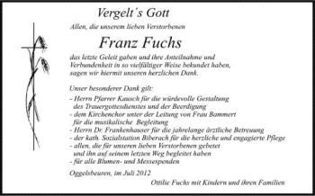 Anzeige von Franz Fuchs von Schwäbische Zeitung