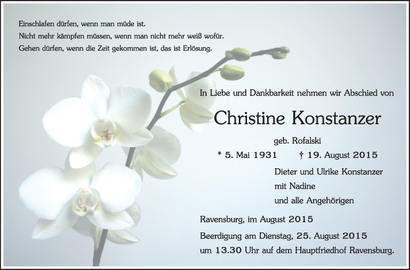  Traueranzeige für Christine Konstanzer vom 22.08.2015 aus Schwäbische Zeitung