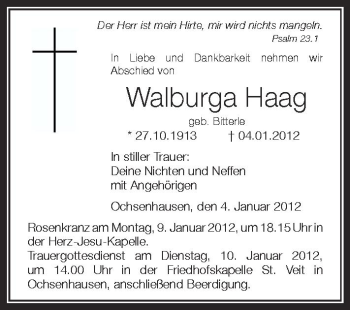 Anzeige von Walburga Jaag von Schwäbische Zeitung
