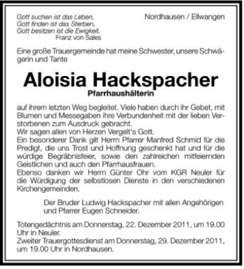 Anzeige von Aloisia Hackspacher von Schwäbische Zeitung
