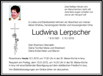 Anzeige von Ludwina Lerpscher von Schwäbische Zeitung