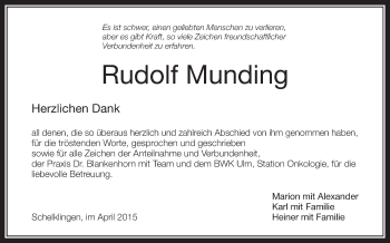 Anzeige von Rudolf Munding von Schwäbische Zeitung