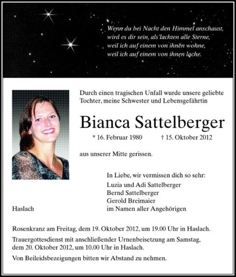  Traueranzeige für Bianca Sattelberger vom 18.10.2012 aus Schwäbische Zeitung
