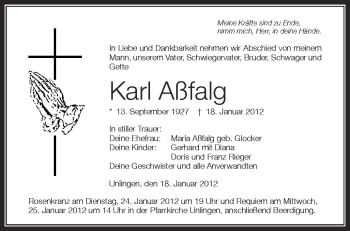 Anzeige von Karl Aßfag von Schwäbische Zeitung