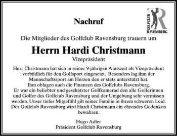 Anzeige von Hardi Christmann von Schwäbische Zeitung