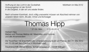 Anzeige von Thomas Hipp von Schwäbische Zeitung
