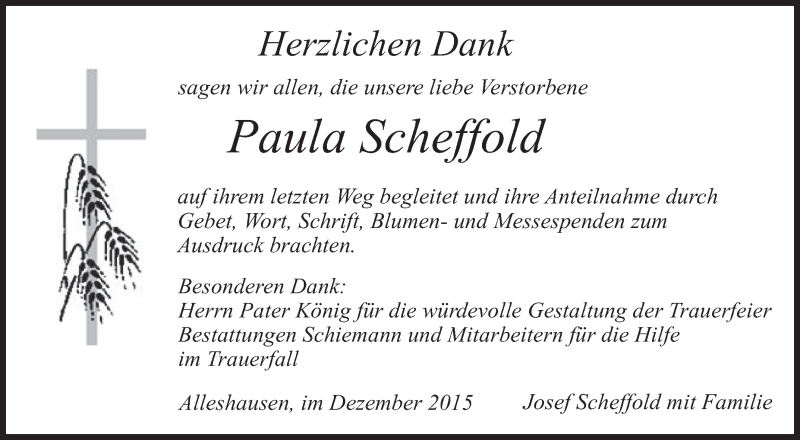  Traueranzeige für Paula Scheffold vom 17.12.2015 aus Schwäbische Zeitung