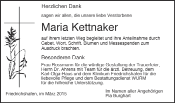 Anzeige von Maria Kettnaker von Schwäbische Zeitung