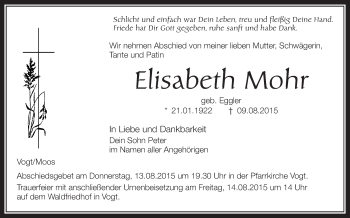 Anzeige von Elisabeth Mohr von Schwäbische Zeitung