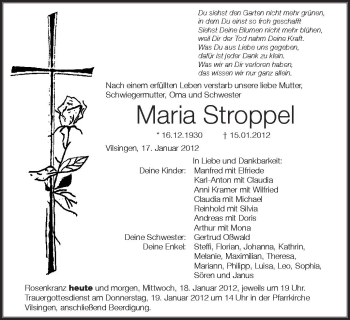 Anzeige von Maria Stroppel von Schwäbische Zeitung