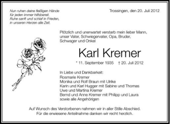 Anzeige von Karl Kremer von Schwäbische Zeitung