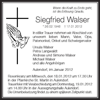 Anzeige von Siegfried Walser von Schwäbische Zeitung