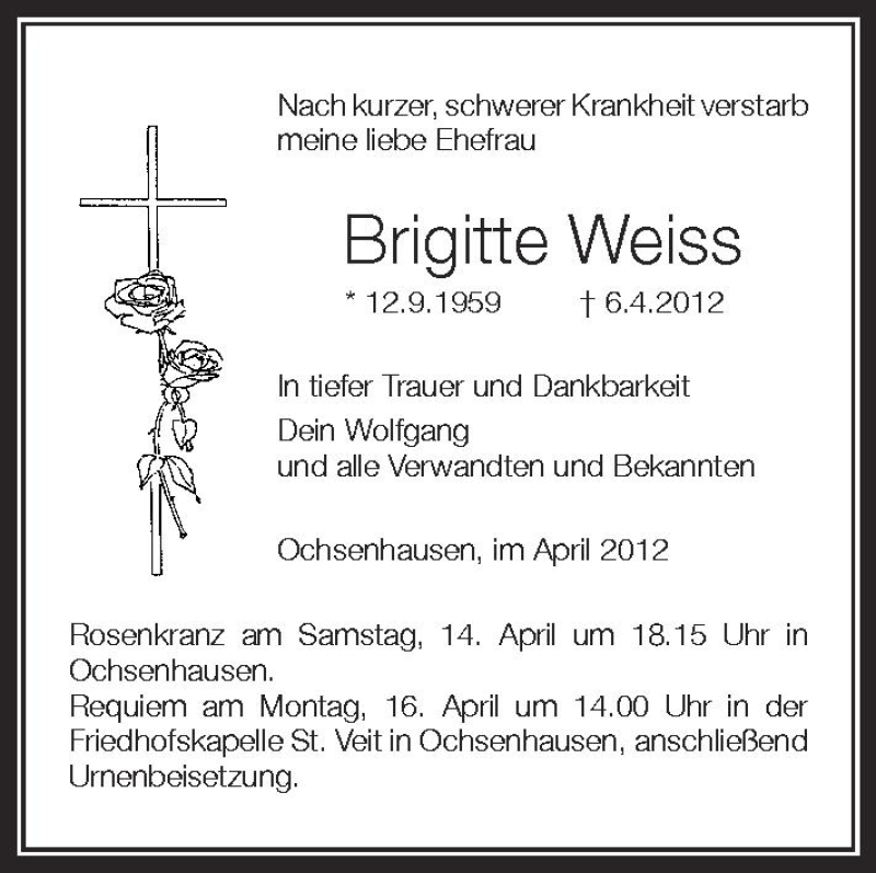  Traueranzeige für Brigitte Weiss vom 12.04.2012 aus Schwäbische Zeitung