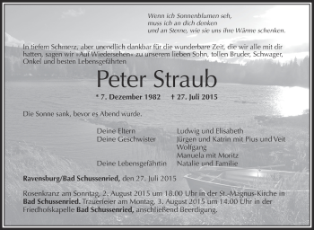 Anzeige von Peter Straub von Schwäbische Zeitung