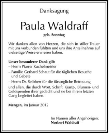 Anzeige von Paula Waldraff von Schwäbische Zeitung