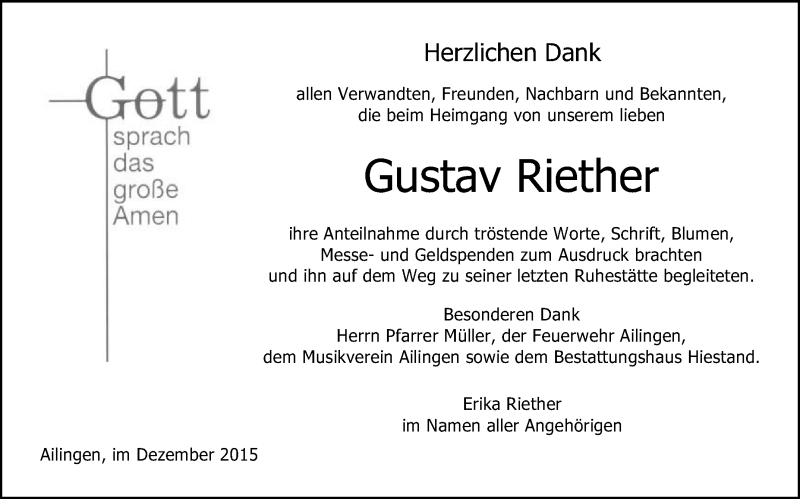  Traueranzeige für Gustav Riether vom 18.12.2015 aus Schwäbische Zeitung