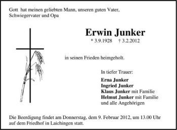 Anzeige von Erwin  Junker von Schwäbische Zeitung