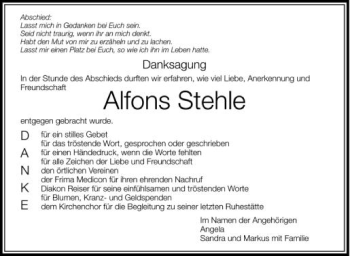 Anzeige von Alfons Stehle von Schwäbische Zeitung