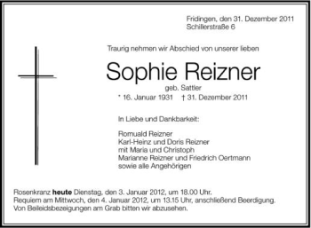 Anzeige von Sophie Reizner von Schwäbische Zeitung
