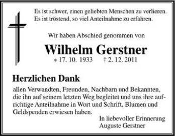 Anzeige von Wilhelm Gerstner von Schwäbische Zeitung