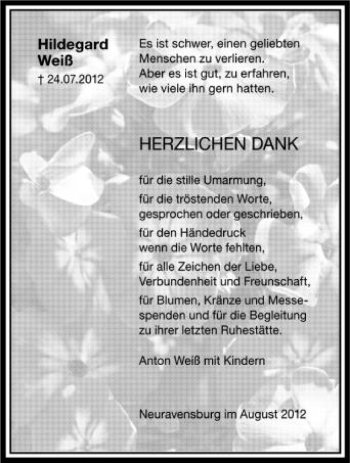 Anzeige von Hildegard Weiß von Schwäbische Zeitung