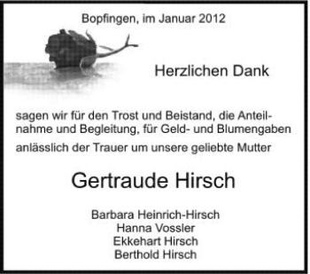 Anzeige von Gertraude Hirsch von Schwäbische Zeitung