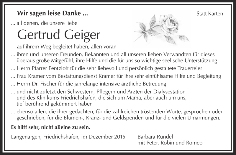  Traueranzeige für Gertrud Geiger vom 24.12.2015 aus Schwäbische Zeitung