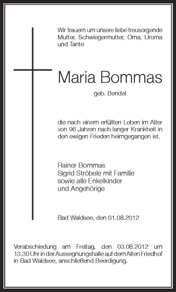 Anzeige von Maria Bommas von Schwäbische Zeitung