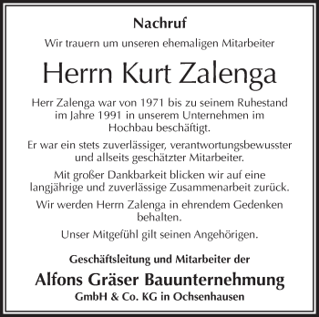 Anzeige von Kurt Zalenga von Schwäbische Zeitung