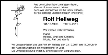 Anzeige von Rolf Hellweg von Schwäbische Zeitung