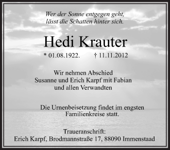 Anzeige von Hedi Krauter von Schwäbische Zeitung